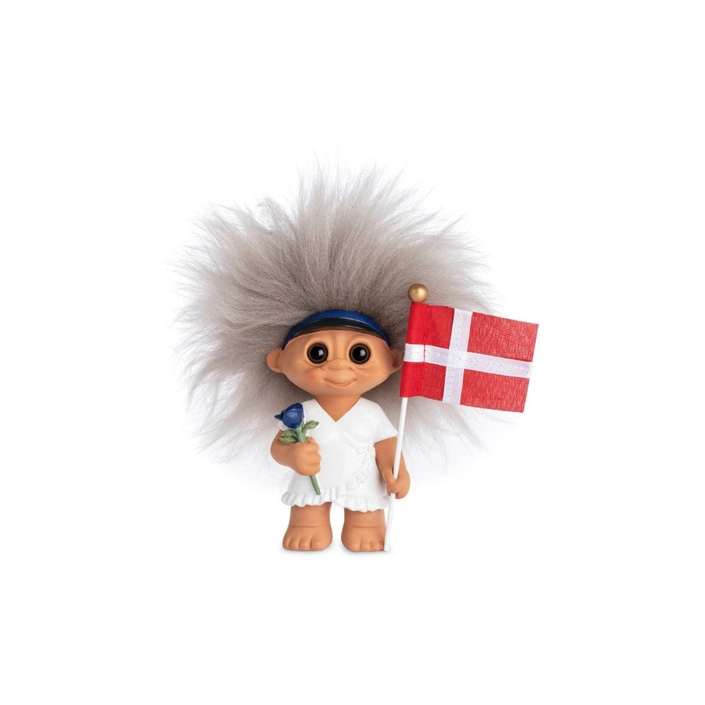 Lyckotroll Examenstjej. Firande troll. Höjd: 9 cm. Material: Polyresin, fårskinn. Färg: Blå