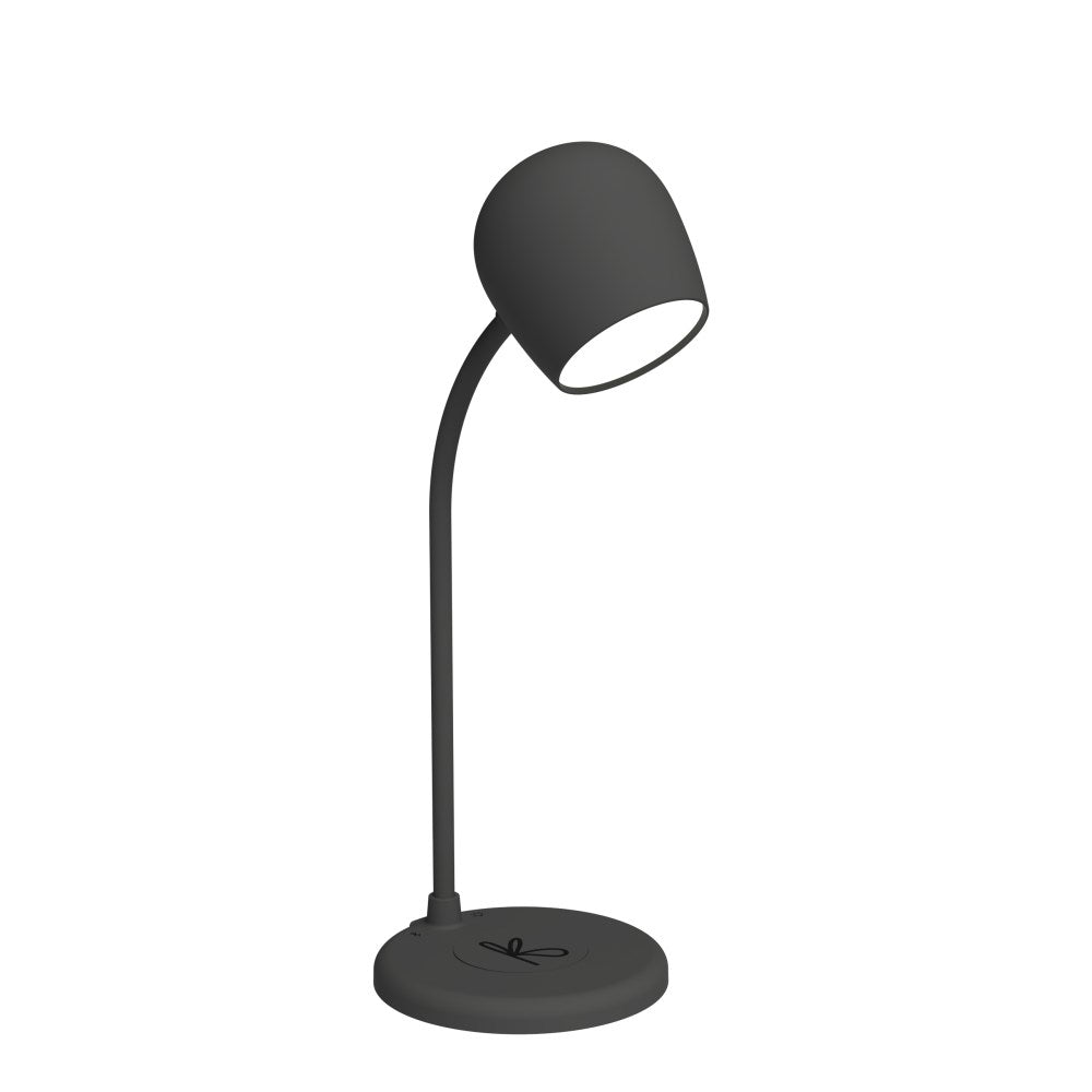 LED-lampa med trådlös laddare (Qi 10W) och högtalare 3W, Bluetooth 5.1 Dimbar 3 nivåer. Inbyggd mikrofon. Vattenresistent IPX4. Mått: Ø12 x H32 cm. Material: 100% återvunnen GRS-plast/Järn/Silikon. Laddningskabel: USB-C (Ingår). Färg: Svart