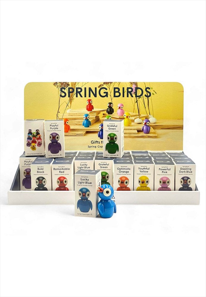 Spring Birds Display Inkl 36st. Ingår display + 4st Spring Birds av varje färg. Svart/Mörkblå/Grön/Orange/Lila/Rosa/Ljusblå/Röd/Gul