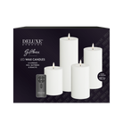 Ett set av LED-ljus innehållande: Blockljus 7,5x10 cm + blockljus 7,5x12,5 cm + blockljus 7,5x15 cm + blockljus 7,5x20 cm + fjärrkontroll. Färg: Vit. Material: Blockljus: Paraffinvax, resin / Fjärrkontroll: Plast. Batteri: 8 x AA ingår