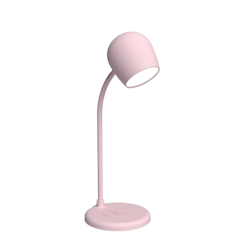 LED-lampa med trådlös laddare (Qi 10W) och högtalare 3W, Bluetooth 5.1 Dimbar 3 nivåer. Inbyggd mikrofon. Vattenresistent IPX4. Mått: Ø12 x H32 cm. Material: 100% återvunnen GRS-plast/Järn/Silikon. Laddningskabel: USB-C (Ingår). Färg: Dusty Rose