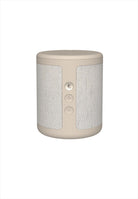 Högtalare/Radio DAB+, Bluetooth 5.3, FM. Färg: Ivory Sand. Mått: Ø8,6 cm / H10,5 cm. Spara upp till 40 radiostationer. Alarm. Vattenresistent (IPX4). Högtalare 4Ω 6W upp till 14 timmars speltid på en laddning. Laddningstid 4 timmar USB och Qi. Inbyggt litiumbatteri 3.7V, 2500mAh. Input 5V/1A. Räckvidd upp till 10 m. Radiofrekvens 2402–2480 MHz. Max radiofrekvenseffekt: <3 dBm. Material: 100% återvunnen plast (GRS), silikon, metall, textil 100% återvunnen polyester. USB-C kabel medföljer.