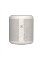 Högtalare Qi. Färg: Soft White. Mått: Ø8,5 cm / H10,3 cm. Vattenresistent (IPX5). Bluetooth 5.1. Högtalare 15W upp till 30 timmars speltid på en laddning. Laddningstid 2-3 timmar (USB) / 5-6 timmar (Qi). Inbyggt litiumbatteri 3.7V, 4000mAh. Stereoplay (TWS). Input 5V/2A. Räckvidd upp till 10 m. NFC connection (kompatibel med Android). Röstassistent. Material: 100% återvunnen plast (GRS), silikon, metall, textil 100% återvunnen polyester. USB-C kabel medföljer.