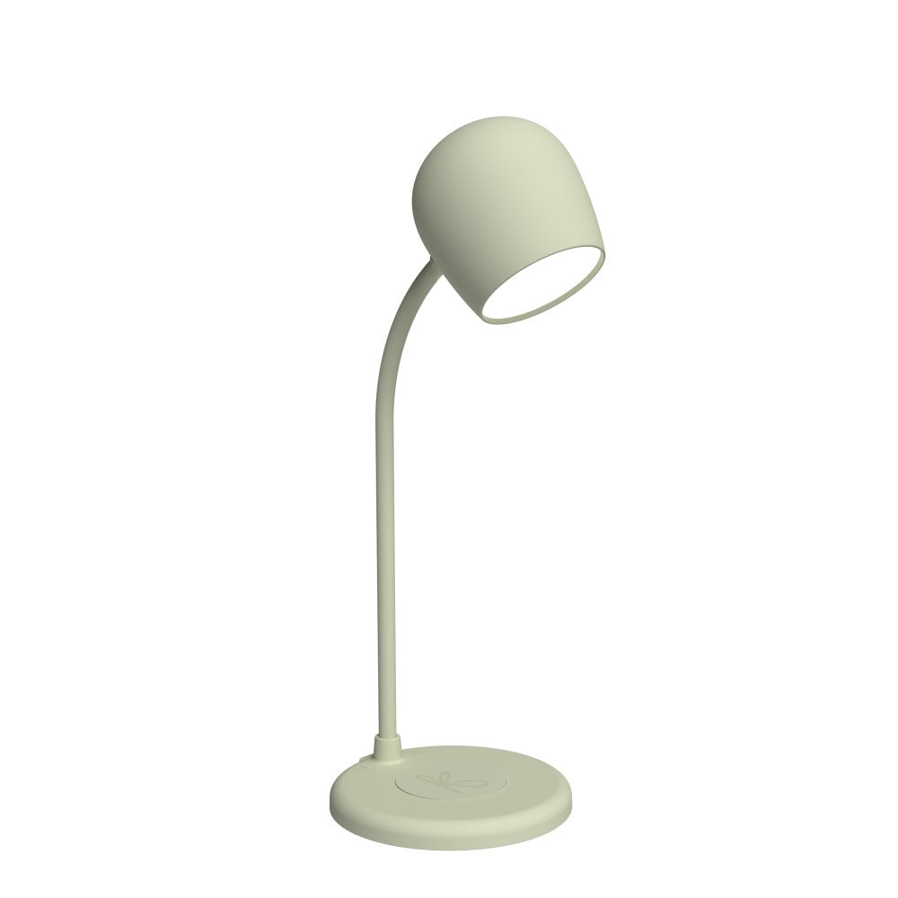 LED-lampa med trådlös laddare (Qi 10W) och högtalare 3W, Bluetooth 5.1 Dimbar 3 nivåer. Inbyggd mikrofon. Vattenresistent IPX4. Mått: Ø12 x H32 cm. Material: 100% återvunnen GRS-plast/Järn/Silikon. Laddningskabel: USB-C (Ingår). Färg: Dusty Olive