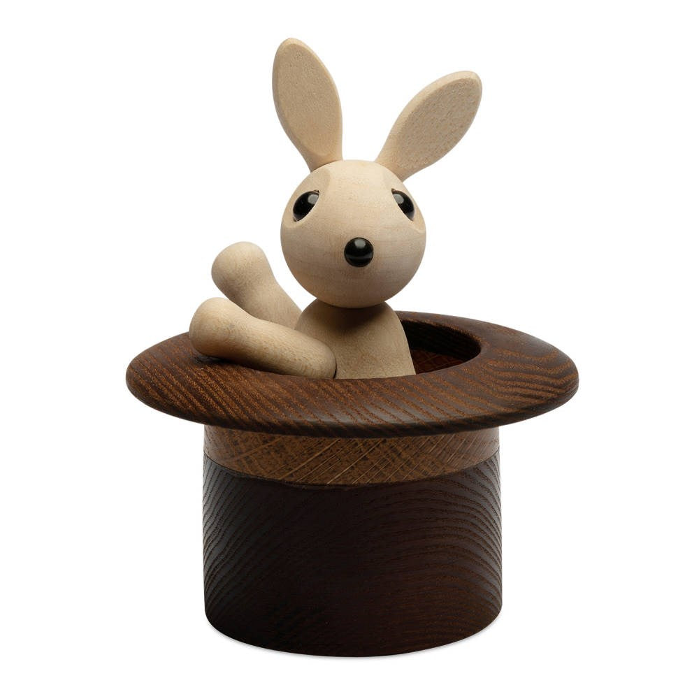 Trädekoration kanin i hatt. Färg: Natur/Brun. Mått kanin: L6,7 cm / B4,7 cm / H9 cm. Mått hatt: L9,5 cm / B9,5 cm / H5,8 cm. Material: FSC Lönn, FSC Ek.