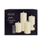Ett set av LED-ljus innehållande: Blockljus 7,5x10 cm + blockljus 7,5x12,5 cm + blockljus 7,5x15 cm + blockljus 7,5x20 cm + fjärrkontroll. Färg: Cream. Material: Blockljus: Paraffinvax, resin / Fjärrkontroll: Plast. Batteri: 8 x AA ingår