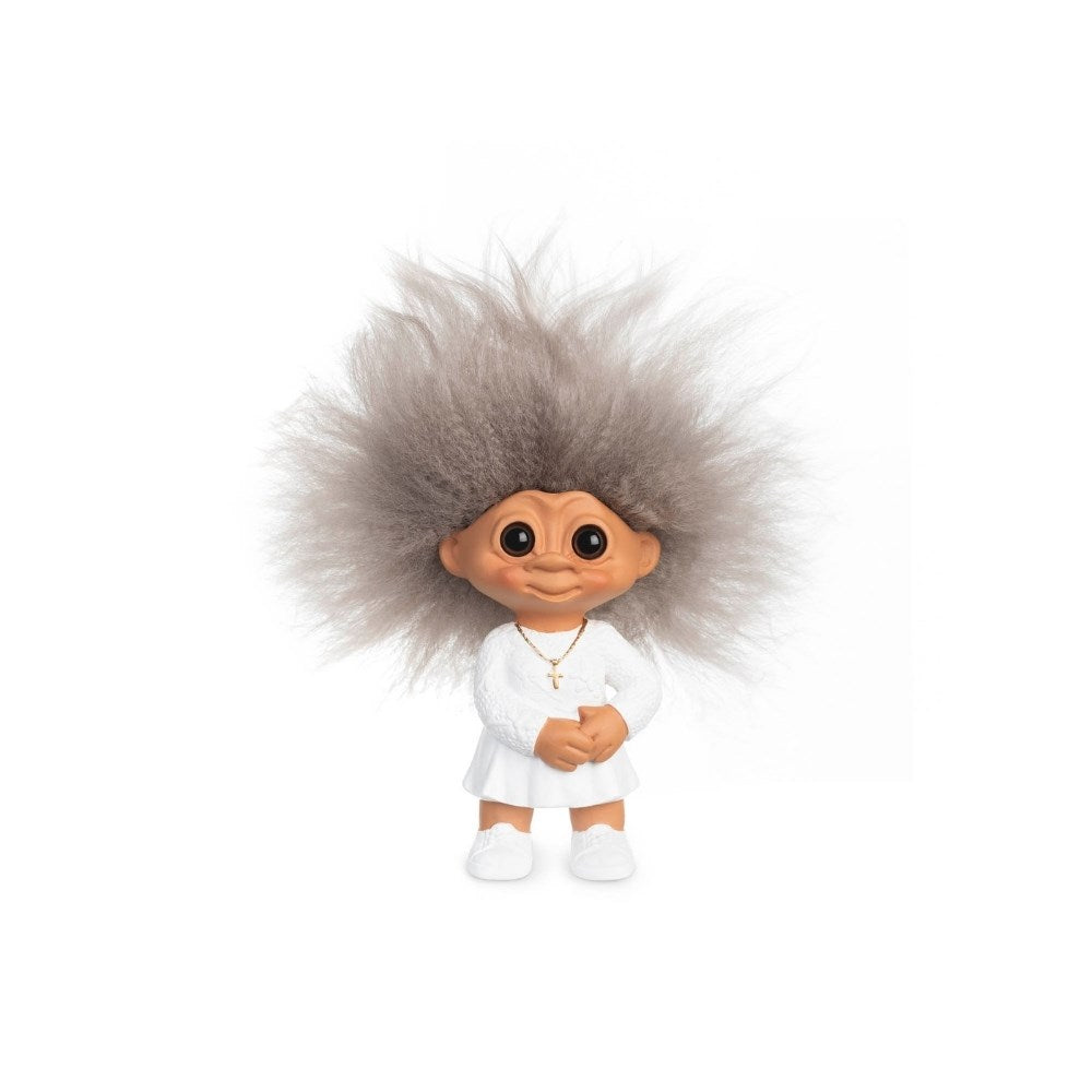 Lyckotroll Konfirmationstjej. Firande troll. Höjd: 9 cm. Material: Polyresin, fårskinn.