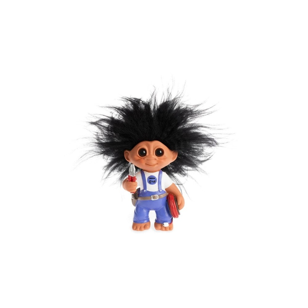 Lyckotroll Elektriker. Vardagstroll. Höjd: 9 cm. Material: Polyresin, fårskinn.