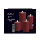 Ett set av LED-ljus innehållande: Blockljus 7,5x10 cm + blockljus 7,5x12,5 cm + blockljus 7,5x15 cm + blockljus 7,5x20 cm + fjärrkontroll. Färg: Bordeaux (Röd). Material: Blockljus: Paraffinvax, resin / Fjärrkontroll: Plast. Batteri: 8 x AA ingår