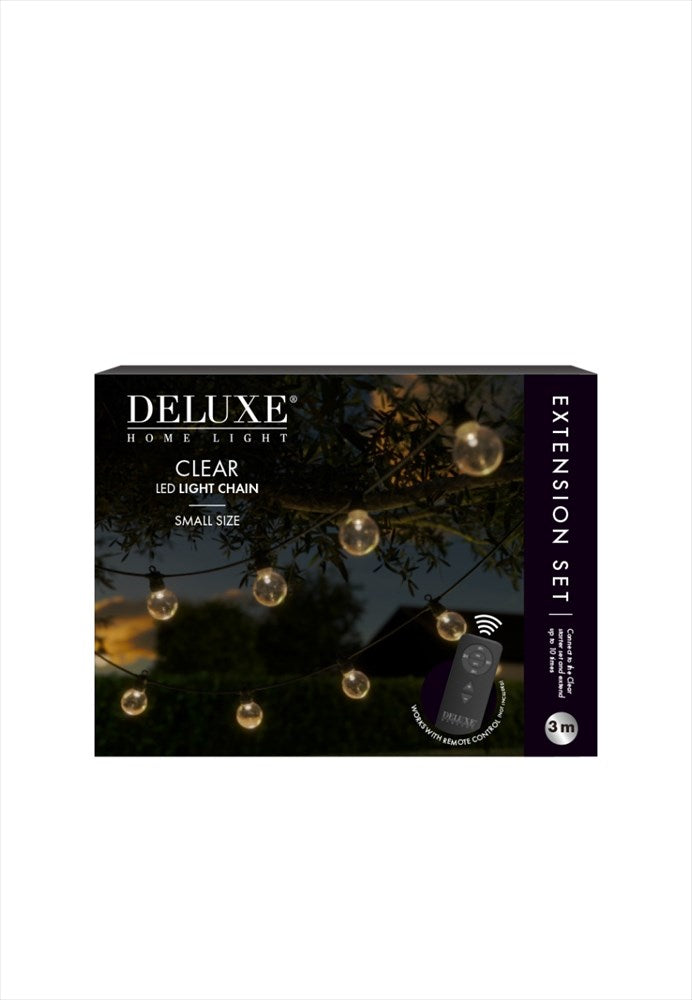 Förlängningsset till LED Ljusslinga Clear Starter set Small DH-CLEAR-S0001. Längd 3 m med 10 lampor för inomhus och utomhus. Mått lampa: D6 cm. IP44 vattentät. Fungerar med DeluxeHomearts fjärrkontroll som köpes separat.
