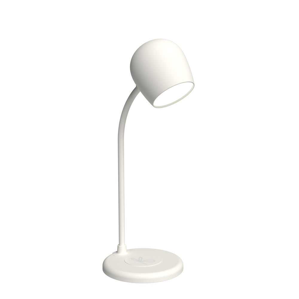 LED-lampa med trådlös laddare (Qi 10W) och högtalare 3W, Bluetooth 5.1 Dimbar 3 nivåer. Inbyggd mikrofon. Vattenresistent IPX4. Mått: Ø12 x H32 cm. Material: 100% återvunnen GRS-plast/Järn/Silikon.  Laddningskabel: USB-C (Ingår). Färg: Vit